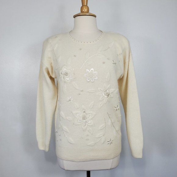 Vintage Spice of Life Cream Beaded Embroidered Lambs Wool Angora Sweater M - Picture 1 of 15